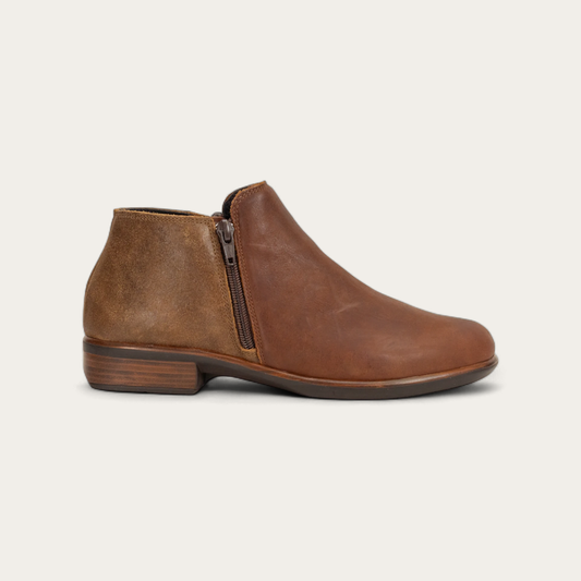 Naot Helm Bootie Soft Cognac Lthr/Antique Brown Suede