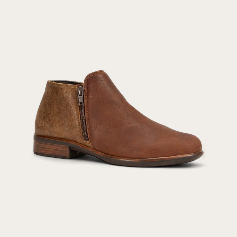 Naot Helm Bootie Soft Cognac Lthr/Antique Brown Suede