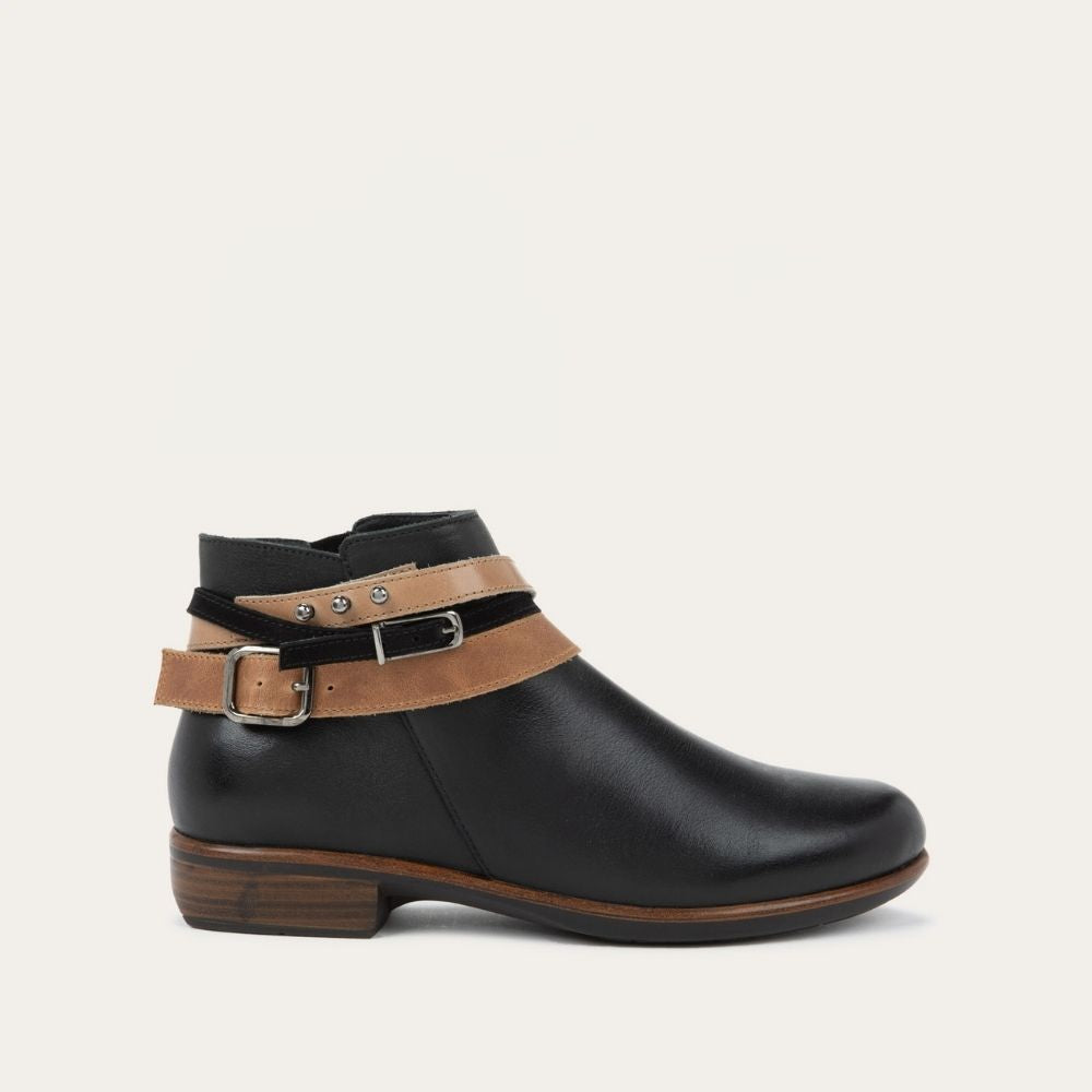 Naot Sumatra Boot Jet Black Leather with Brown and Black Straps