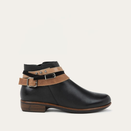 Naot Sumatra Boot Jet Black Leather with Brown and Black Straps