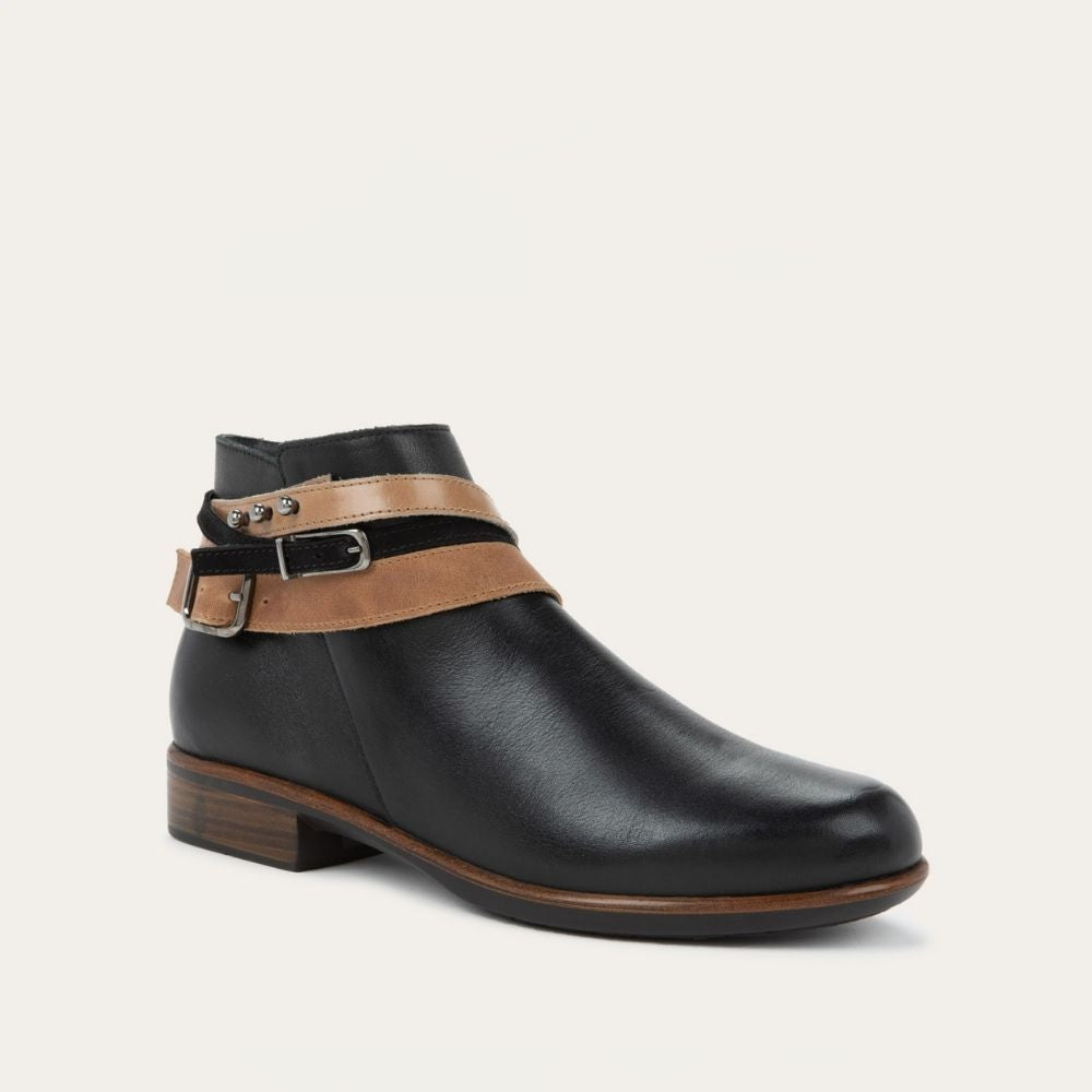Naot Sumatra Boot Jet Black Leather with Brown and Black Straps